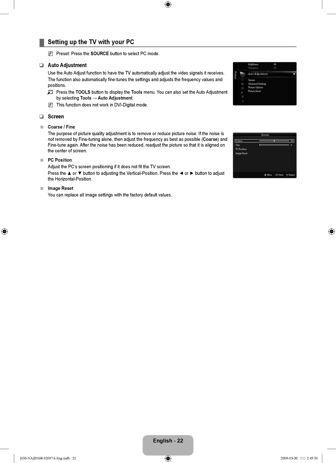 Samsung LN40B60, LN46B60 user manual Setting up the TV with your PC, Auto Adjustment, Screen 