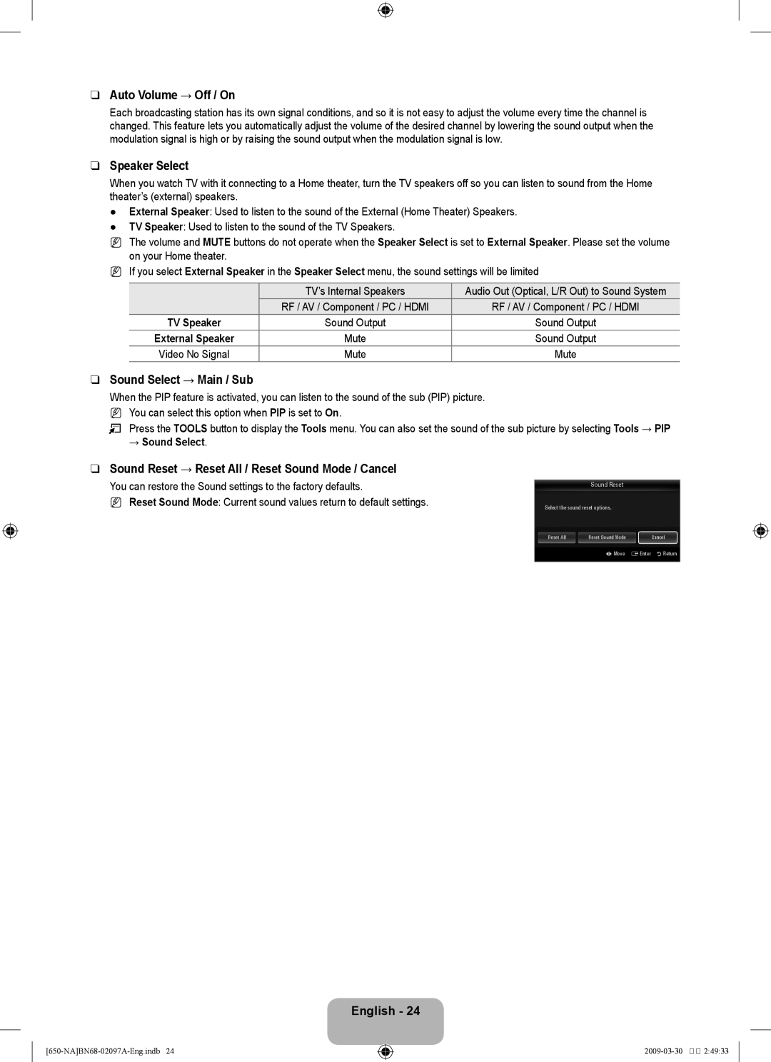 Samsung LN40B60, LN46B60 user manual Auto Volume → Off / On, Speaker Select, Sound Select → Main / Sub, → Sound Select 