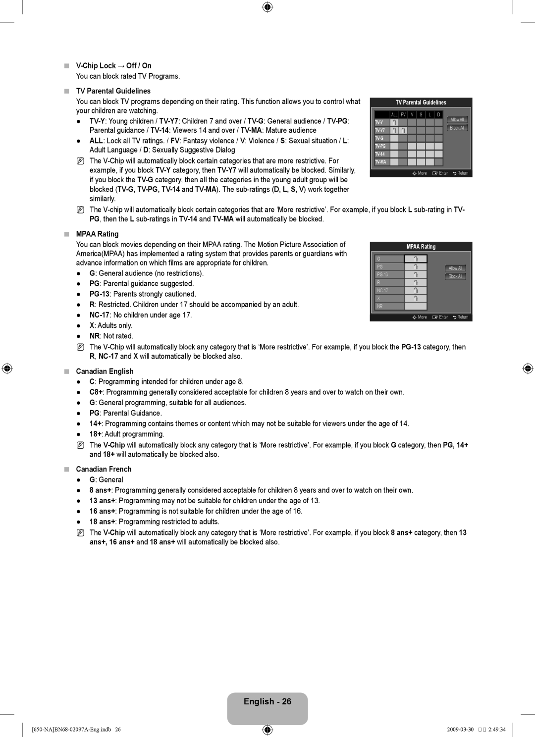 Samsung LN40B60, LN46B60 Chip Lock → Off / On, TV Parental Guidelines, Mpaa Rating, Canadian English, Canadian French 