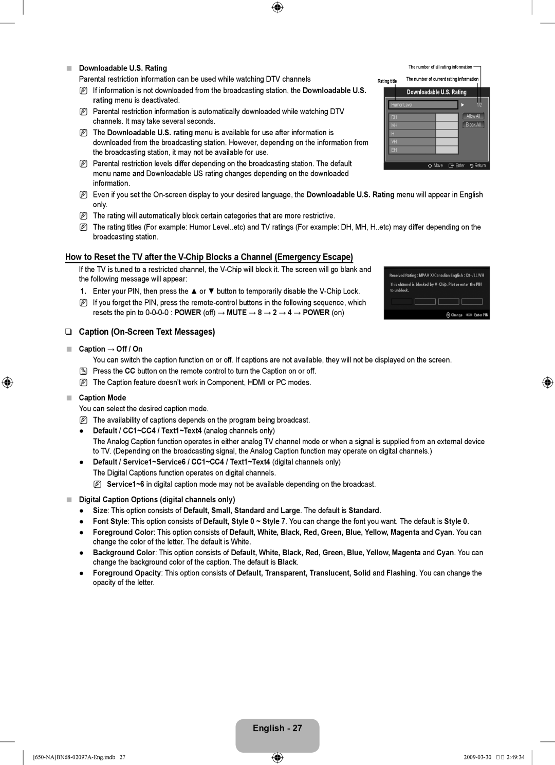 Samsung LN46B60, LN40B60 user manual Caption On-Screen Text Messages 