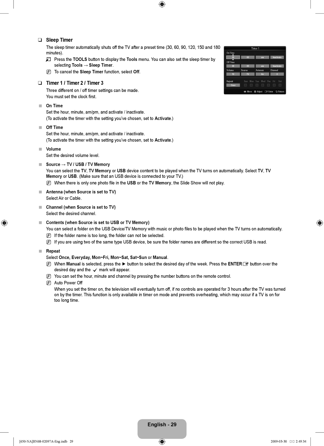 Samsung LN46B60, LN40B60 user manual Sleep Timer, Timer 1 / Timer 2 / Timer 