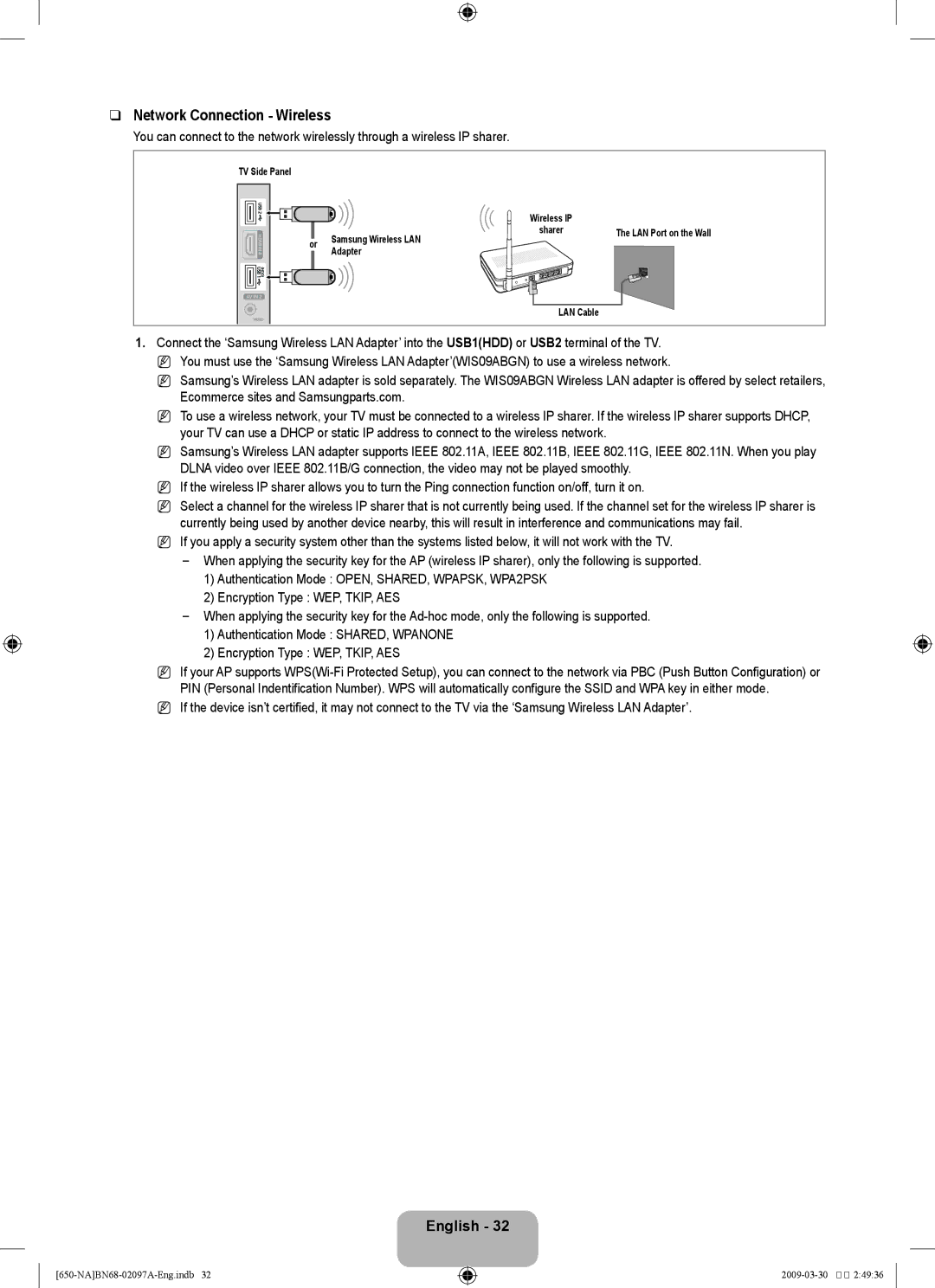 Samsung LN40B60, LN46B60 user manual Network Connection Wireless 