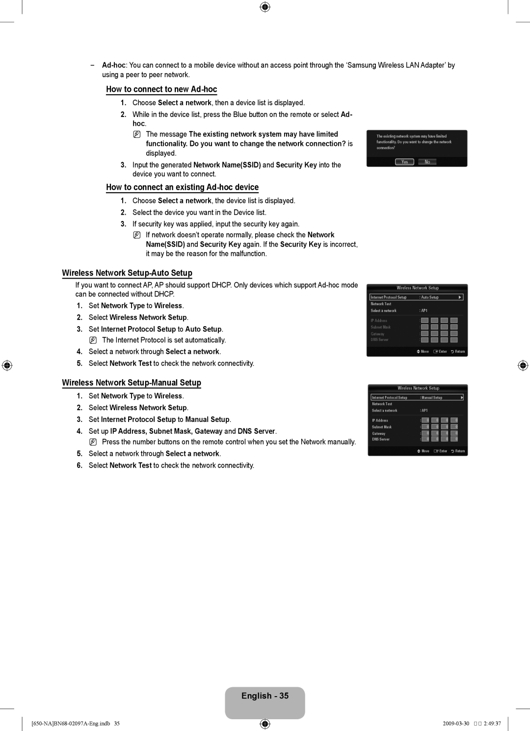 Samsung LN46B60 How to connect to new Ad-hoc, How to connect an existing Ad-hoc device, Wireless Network Setup-Auto Setup 