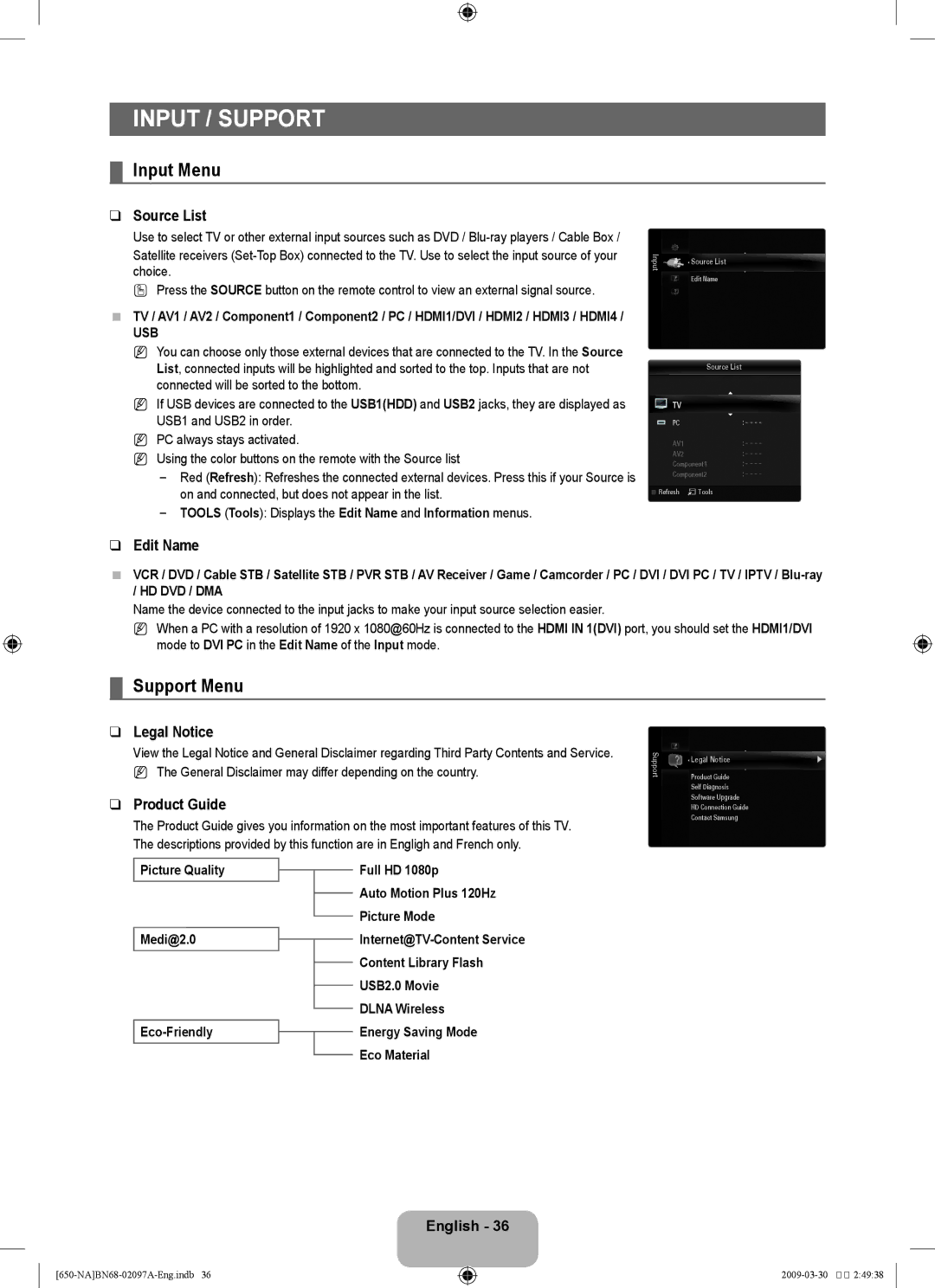 Samsung LN40B60, LN46B60 user manual Input Menu, Support Menu 