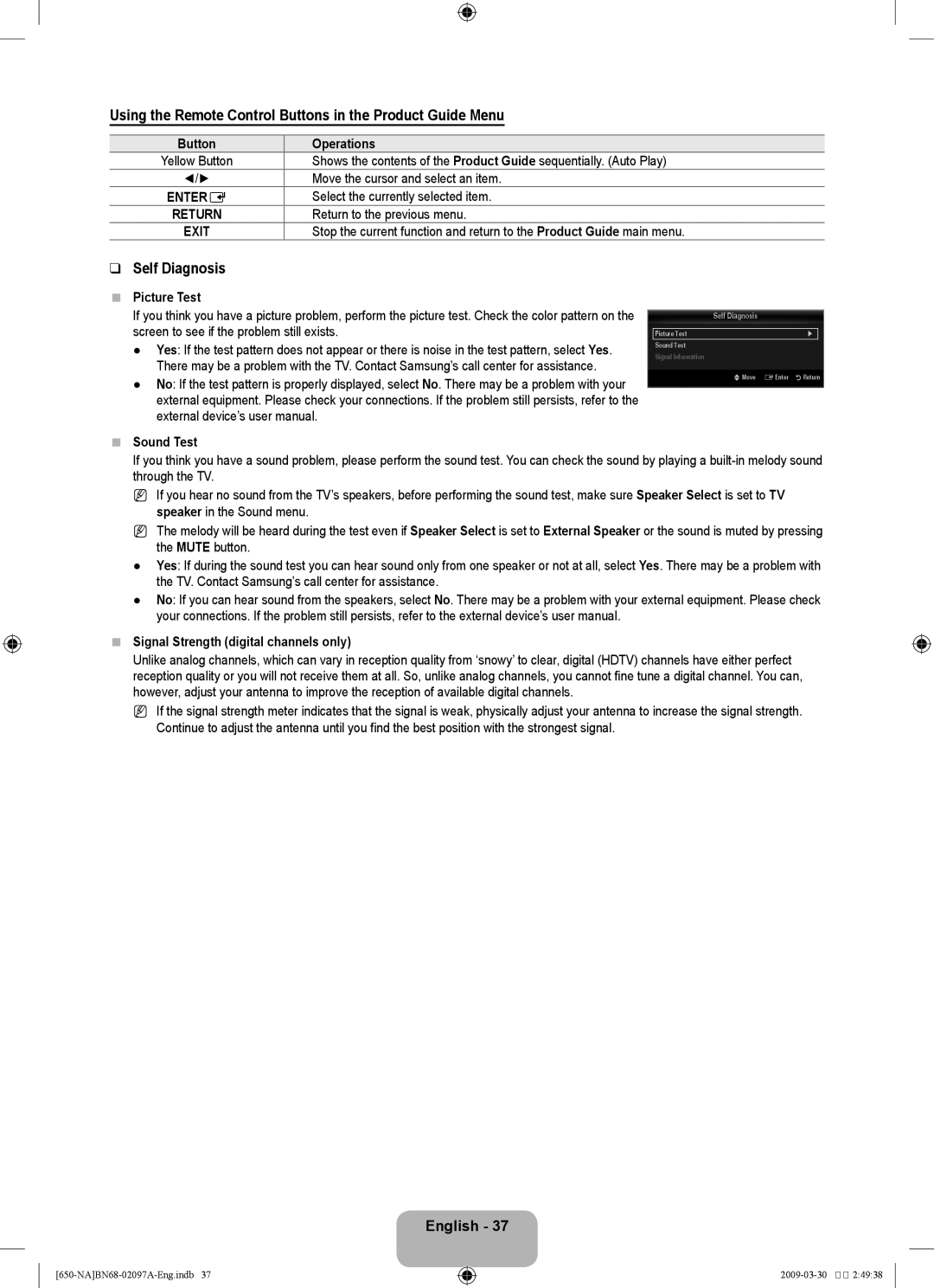 Samsung LN46B60, LN40B60 user manual Using the Remote Control Buttons in the Product Guide Menu, Self Diagnosis 