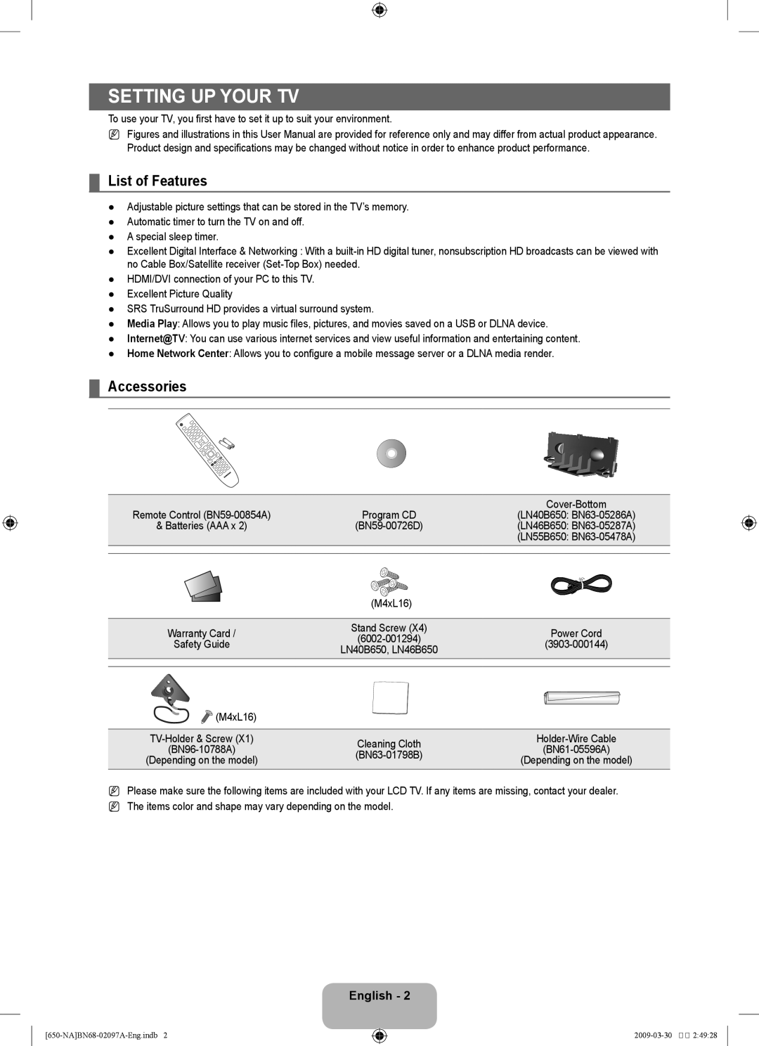 Samsung LN40B60, LN46B60 user manual Setting up Your TV, List of Features, Accessories 