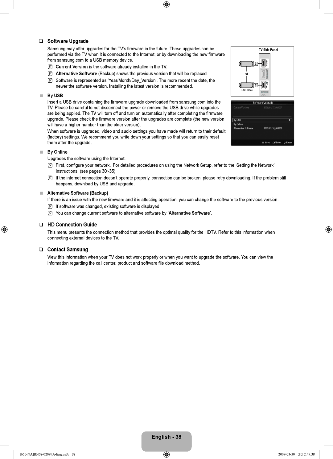 Samsung LN40B60, LN46B60 user manual Software Upgrade, HD Connection Guide, Contact Samsung 