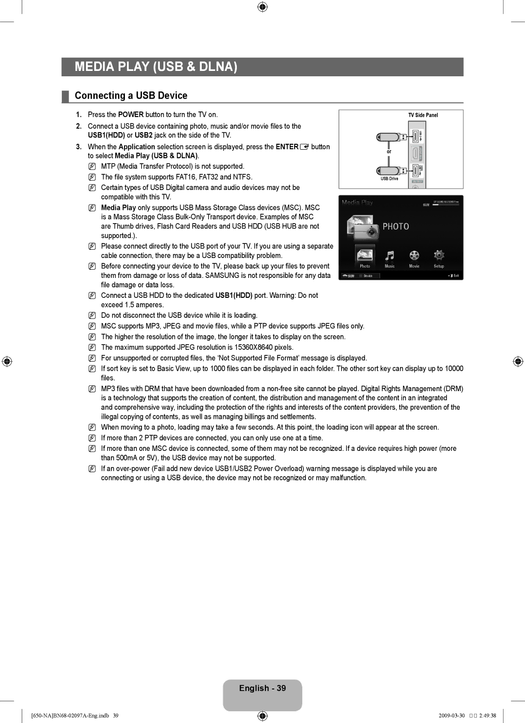 Samsung LN46B60, LN40B60 Media Play USB & Dlna, Connecting a USB Device, Press the Power button to turn the TV on 