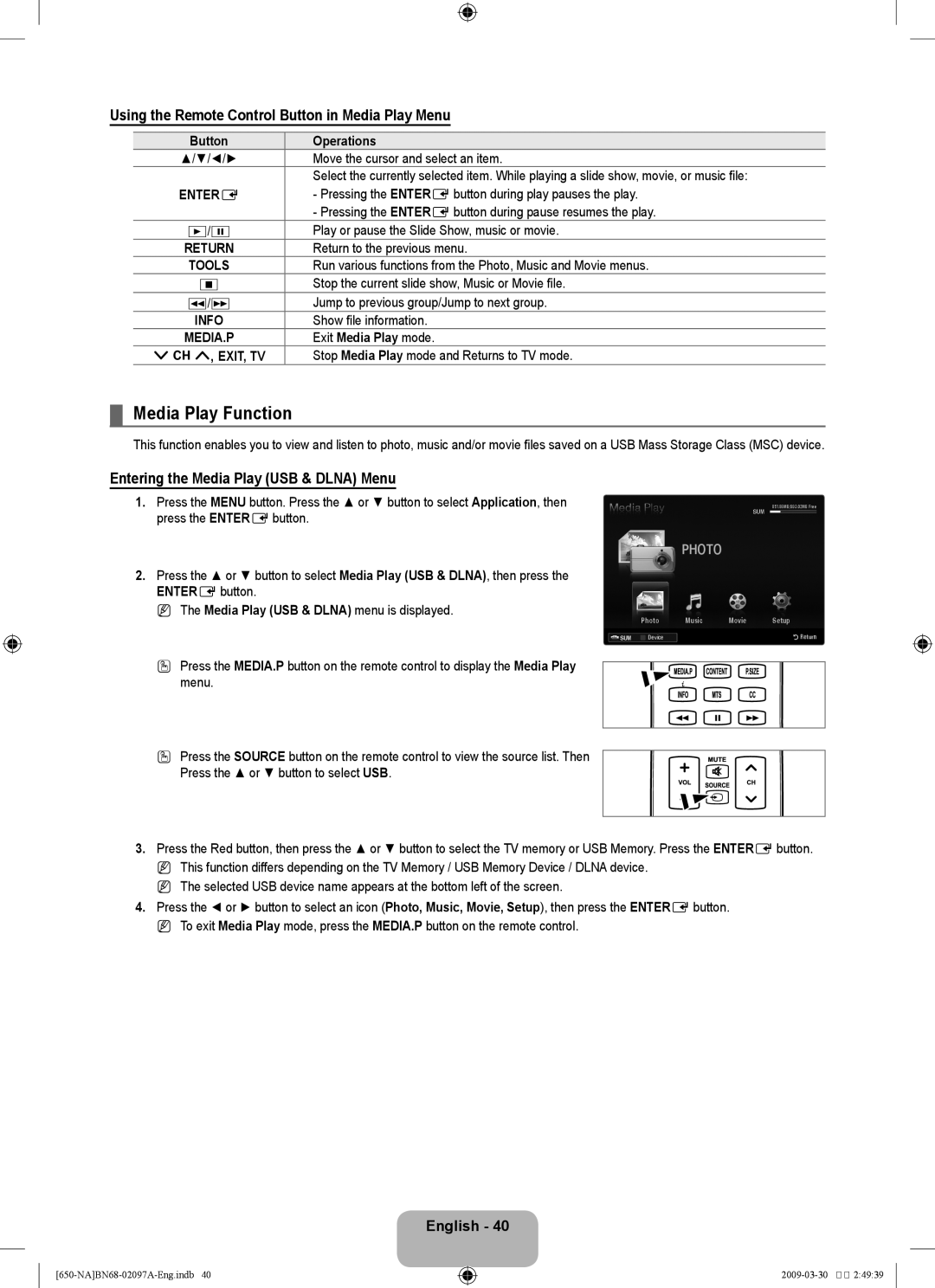 Samsung LN40B60, LN46B60 user manual Media Play Function, Using the Remote Control Button in Media Play Menu 