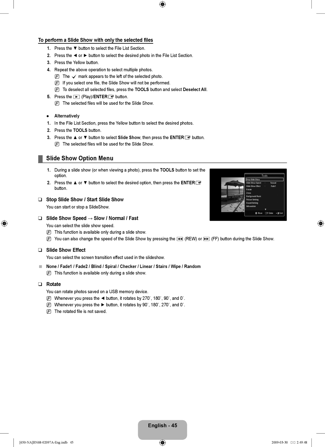 Samsung LN46B60, LN40B60 user manual Slide Show Option Menu 