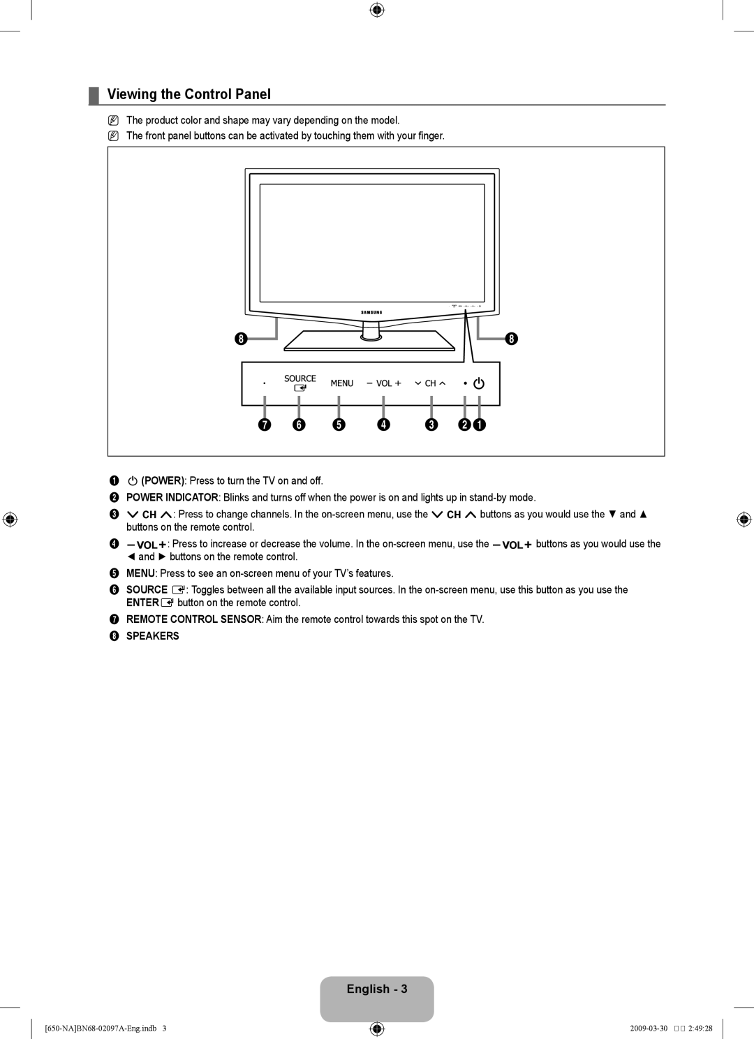 Samsung LN46B60, LN40B60 user manual Viewing the Control Panel, English  