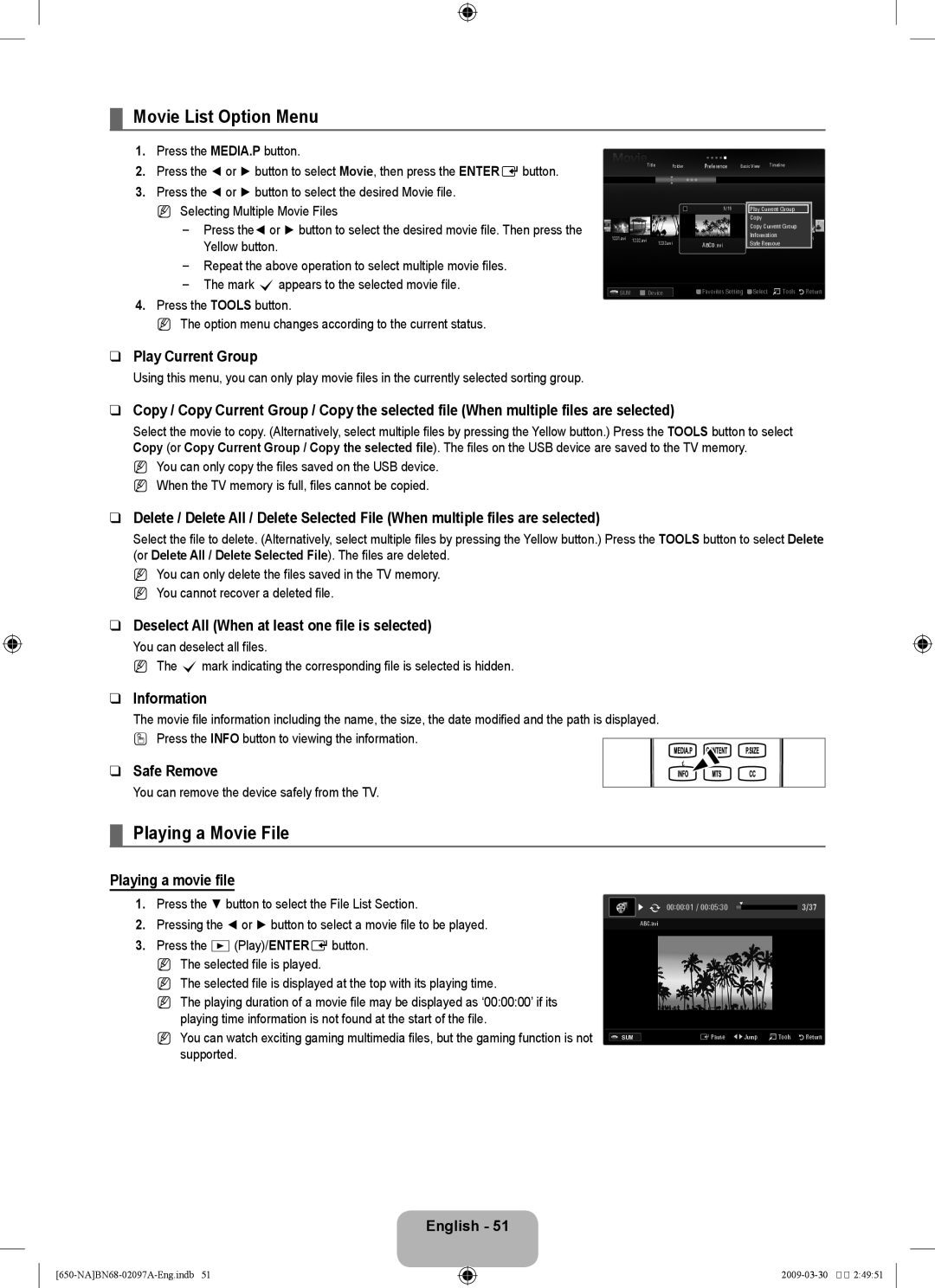 Samsung LN46B60, LN40B60 user manual Movie List Option Menu, Playing a Movie File, Playing a movie file 