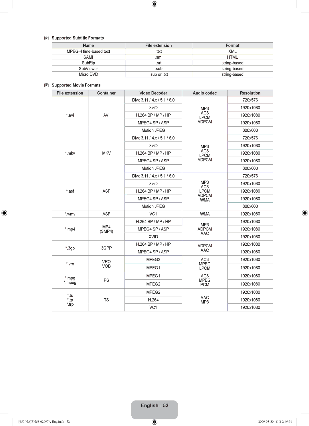 Samsung LN40B60 Supported Subtitle Formats, Supported Movie Formats, Container Video Decoder Audio codec Resolution 