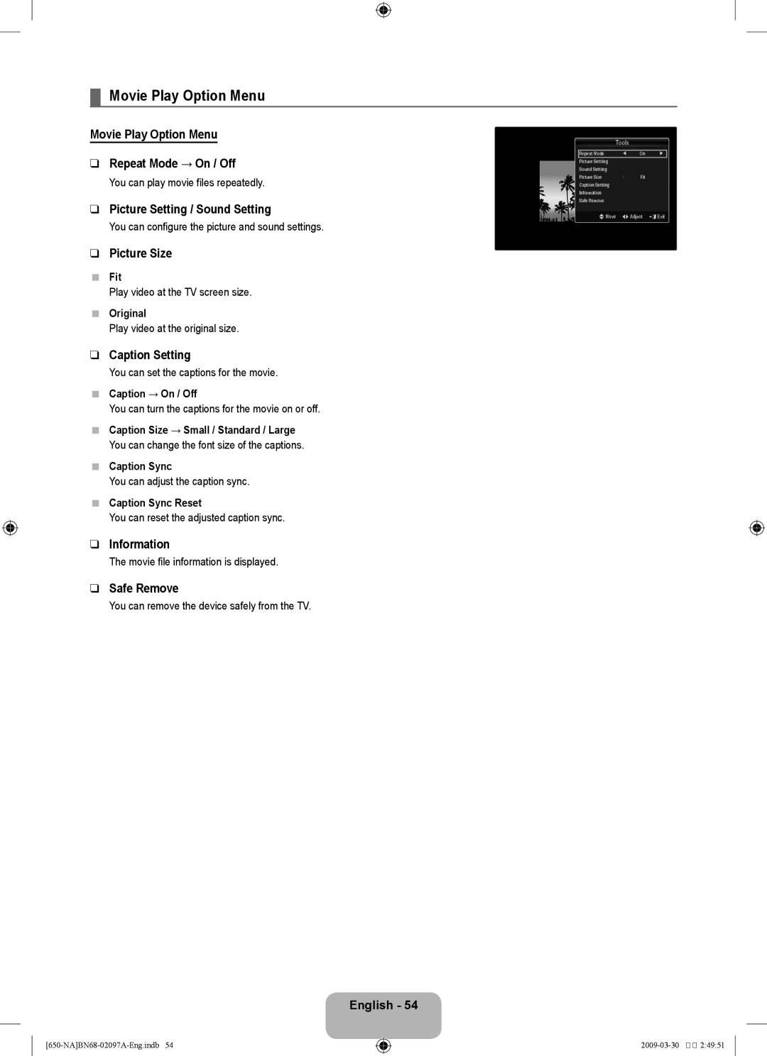 Samsung LN40B60, LN46B60 user manual Movie Play Option Menu Repeat Mode → On / Off, Picture Size, Caption Setting 