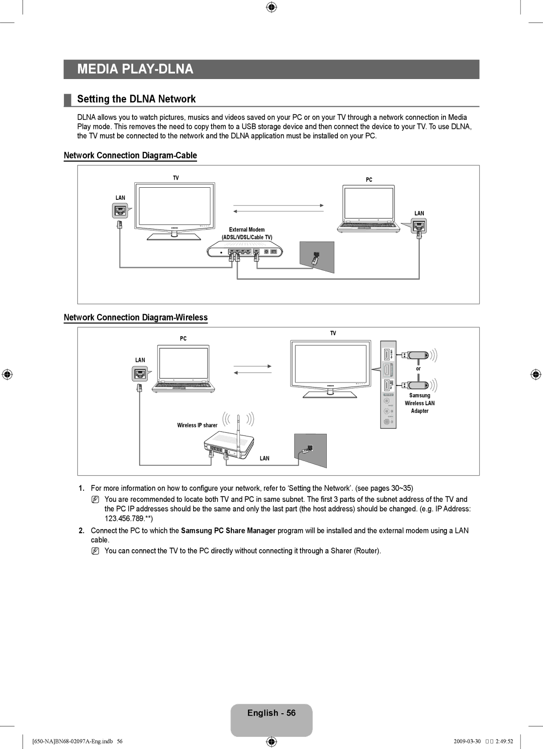 Samsung LN40B60, LN46B60 user manual Media Play-DLNA, Setting the Dlna Network, Network Connection Diagram-Cable 