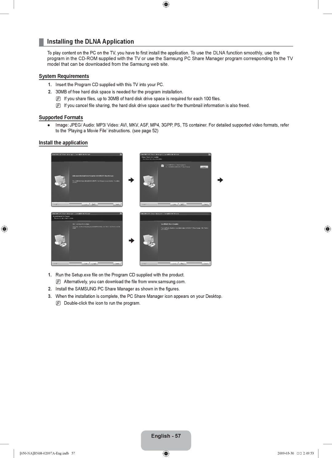 Samsung LN46B60, LN40B60 Installing the Dlna Application, System Requirements, Supported Formats, Install the application 