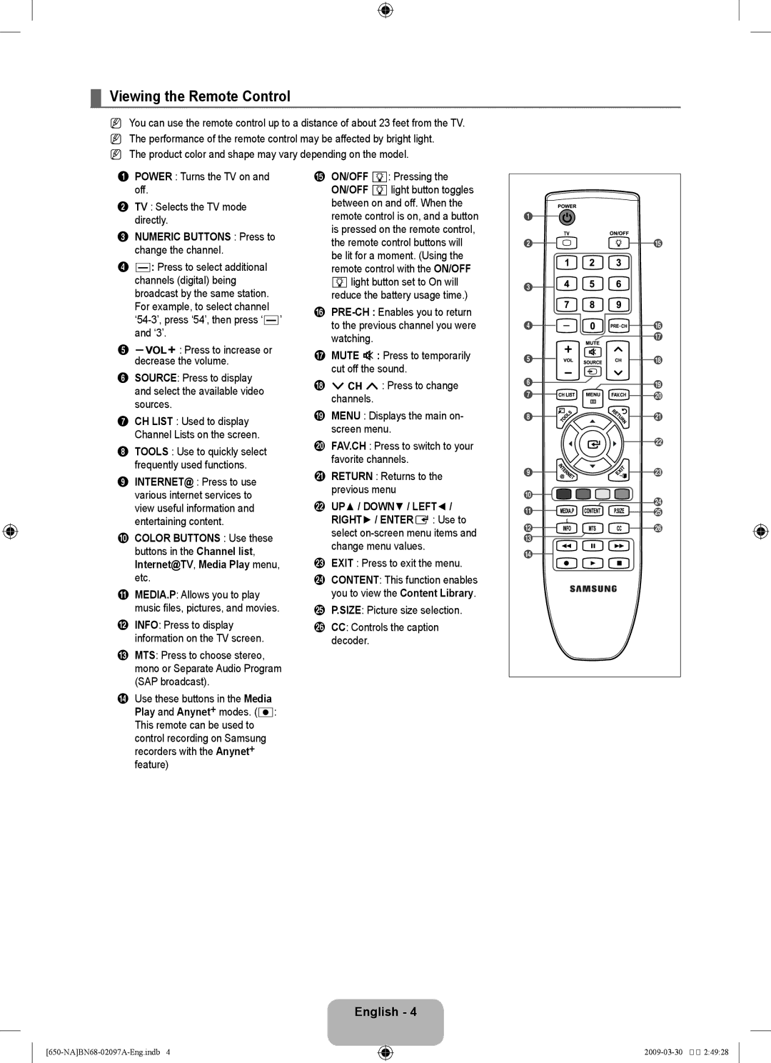 Samsung LN40B60 Viewing the Remote Control, Numeric Buttons Press to change the channel, Exit Press to exit the menu 