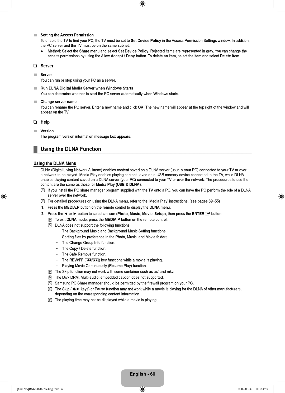 Samsung LN40B60, LN46B60 user manual Using the Dlna Function, Server, Help, Using the Dlna Menu 