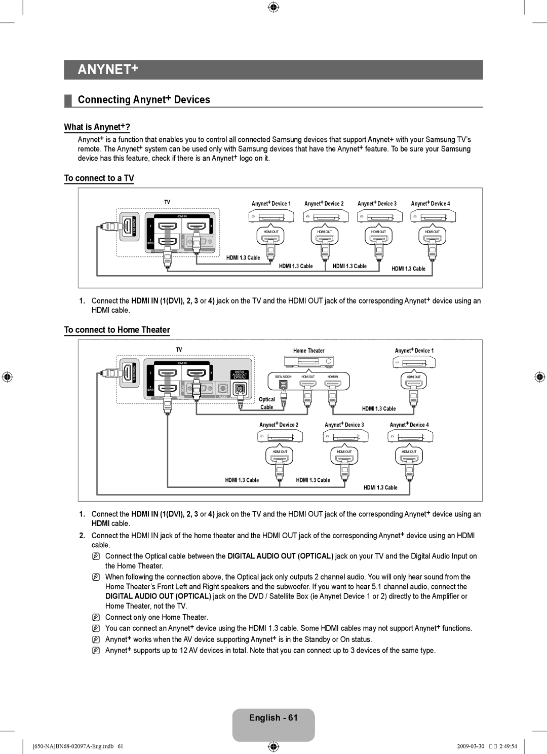 Samsung LN46B60, LN40B60 Connecting Anynet+ Devices, What is Anynet+?, To connect to a TV, To connect to Home Theater 