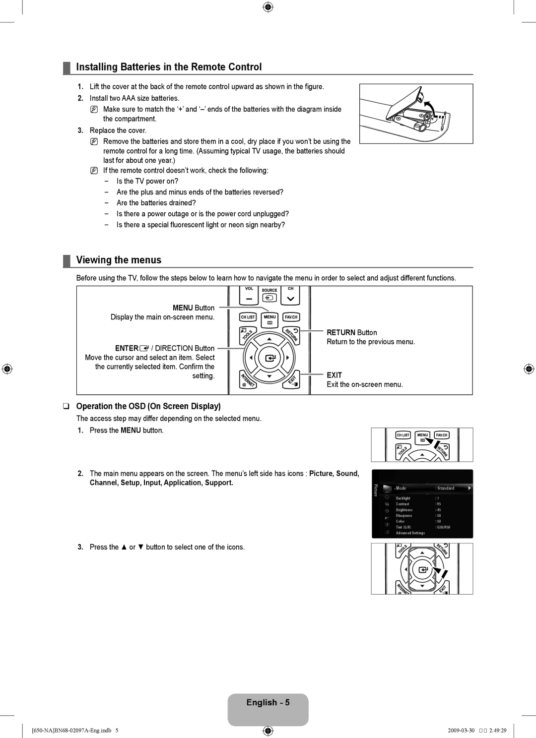 Samsung LN46B60 Installing Batteries in the Remote Control, Viewing the menus, Operation the OSD On Screen Display 