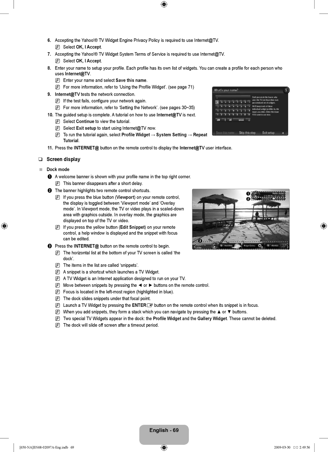 Samsung LN46B60, LN40B60 user manual Screen display, Tutorial, Dock mode, Skip this step 