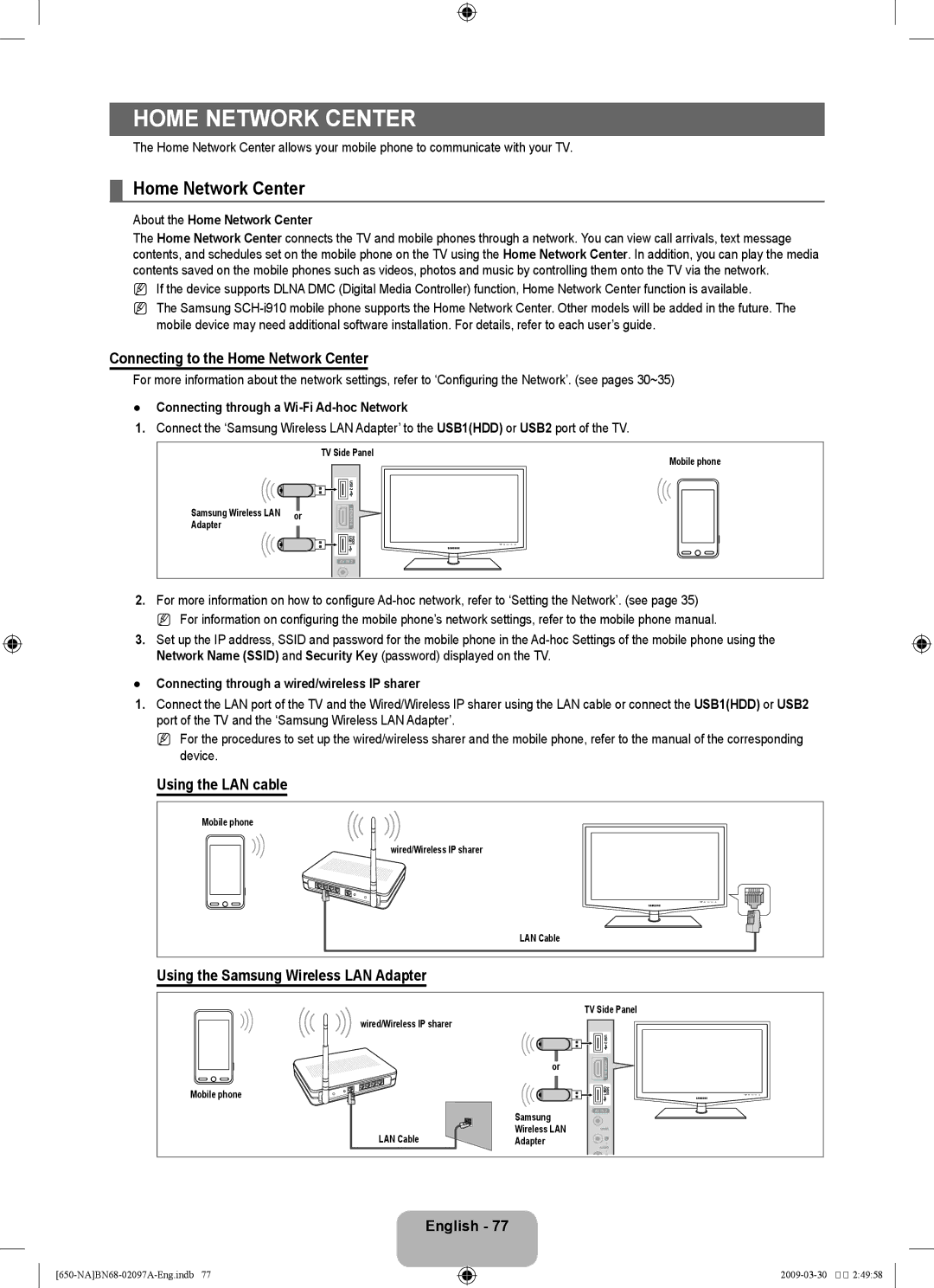 Samsung LN46B60 Connecting to the Home Network Center, Using the LAN cable, Using the Samsung Wireless LAN Adapter 