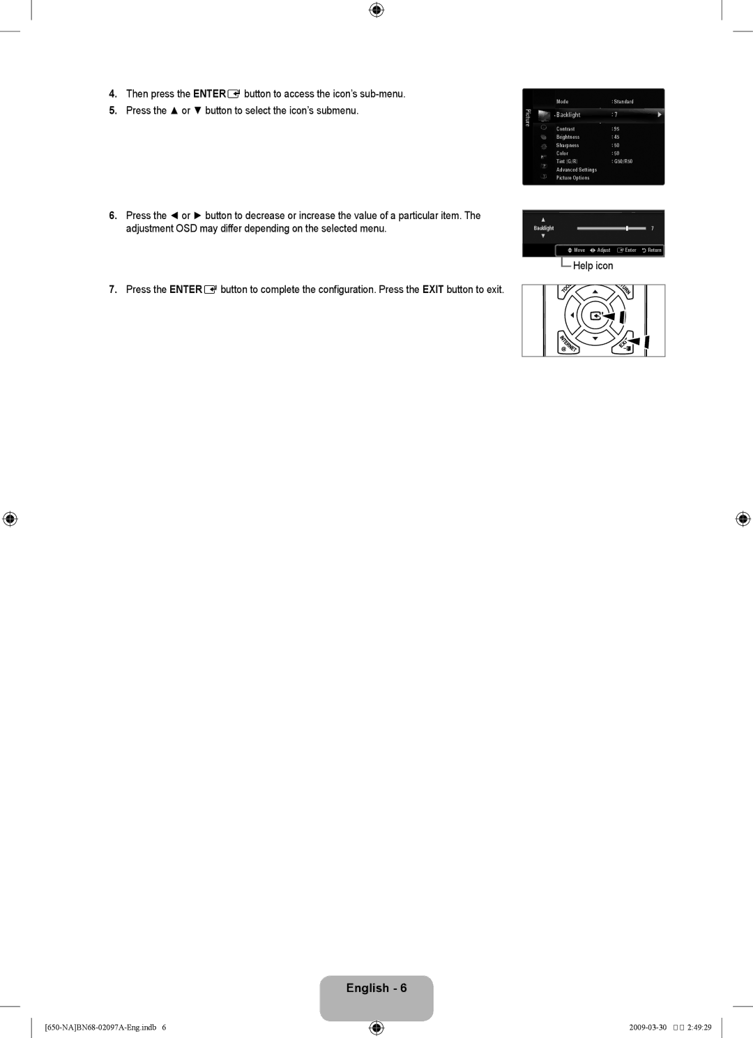 Samsung LN40B60, LN46B60 user manual Help icon, Backlight 