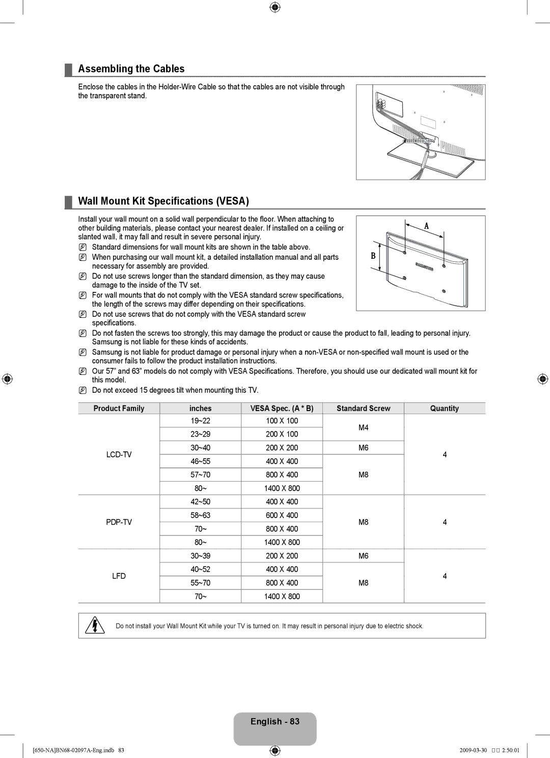 Samsung LN46B60, LN40B60 user manual Assembling the Cables, Wall Mount Kit Specifications Vesa 