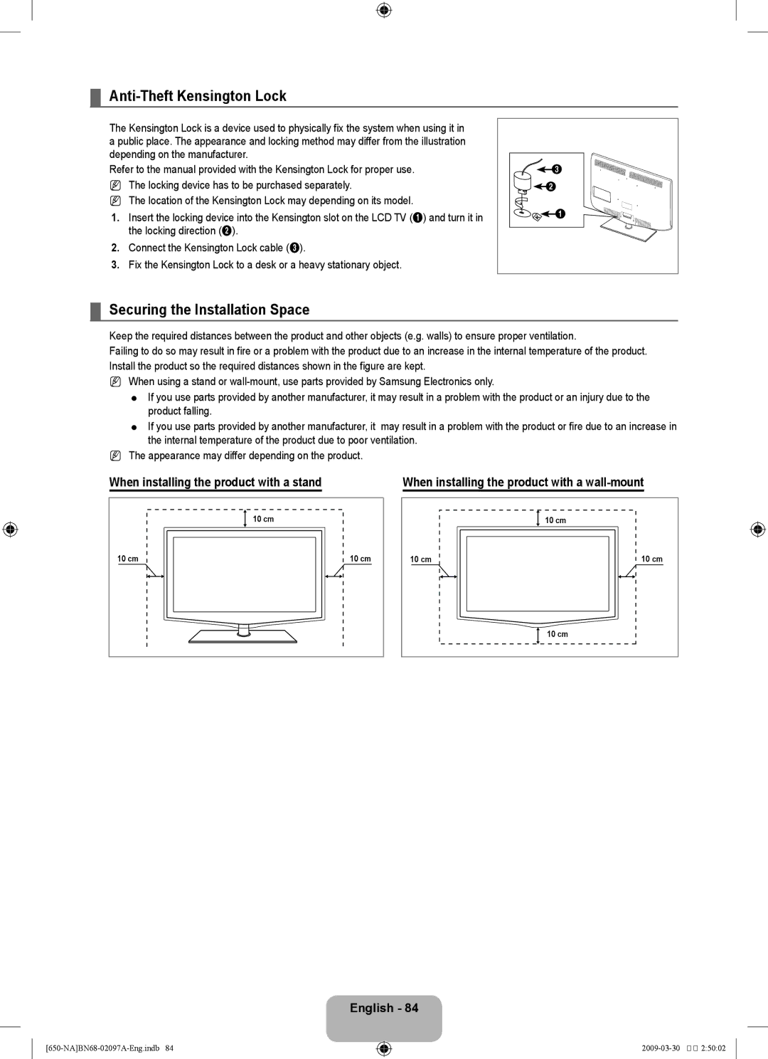 Samsung LN40B60 Anti-Theft Kensington Lock, Securing the Installation Space, When installing the product with a stand 