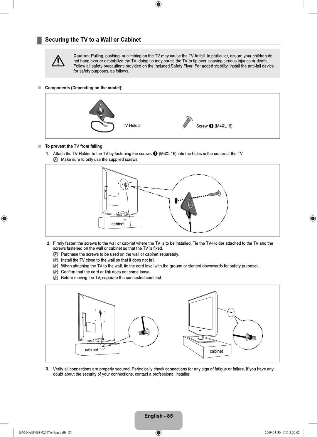 Samsung LN46B60, LN40B60 Securing the TV to a Wall or Cabinet, English 8,  Components Depending on the model, TV-Holder 