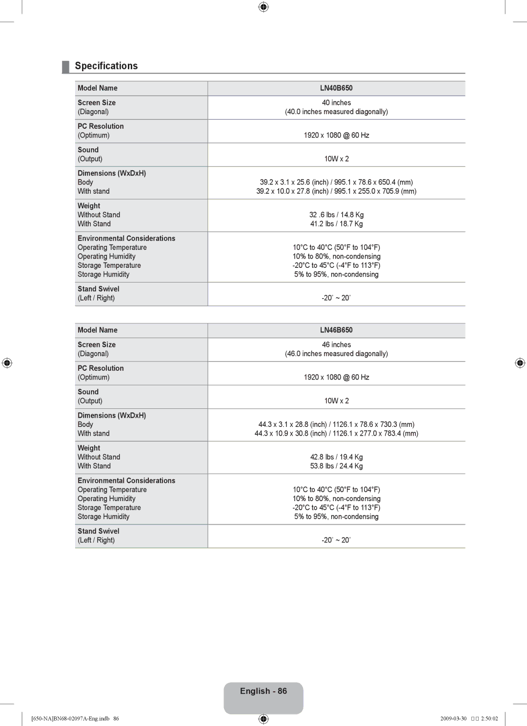 Samsung LN40B60, LN46B60 user manual Specifications 