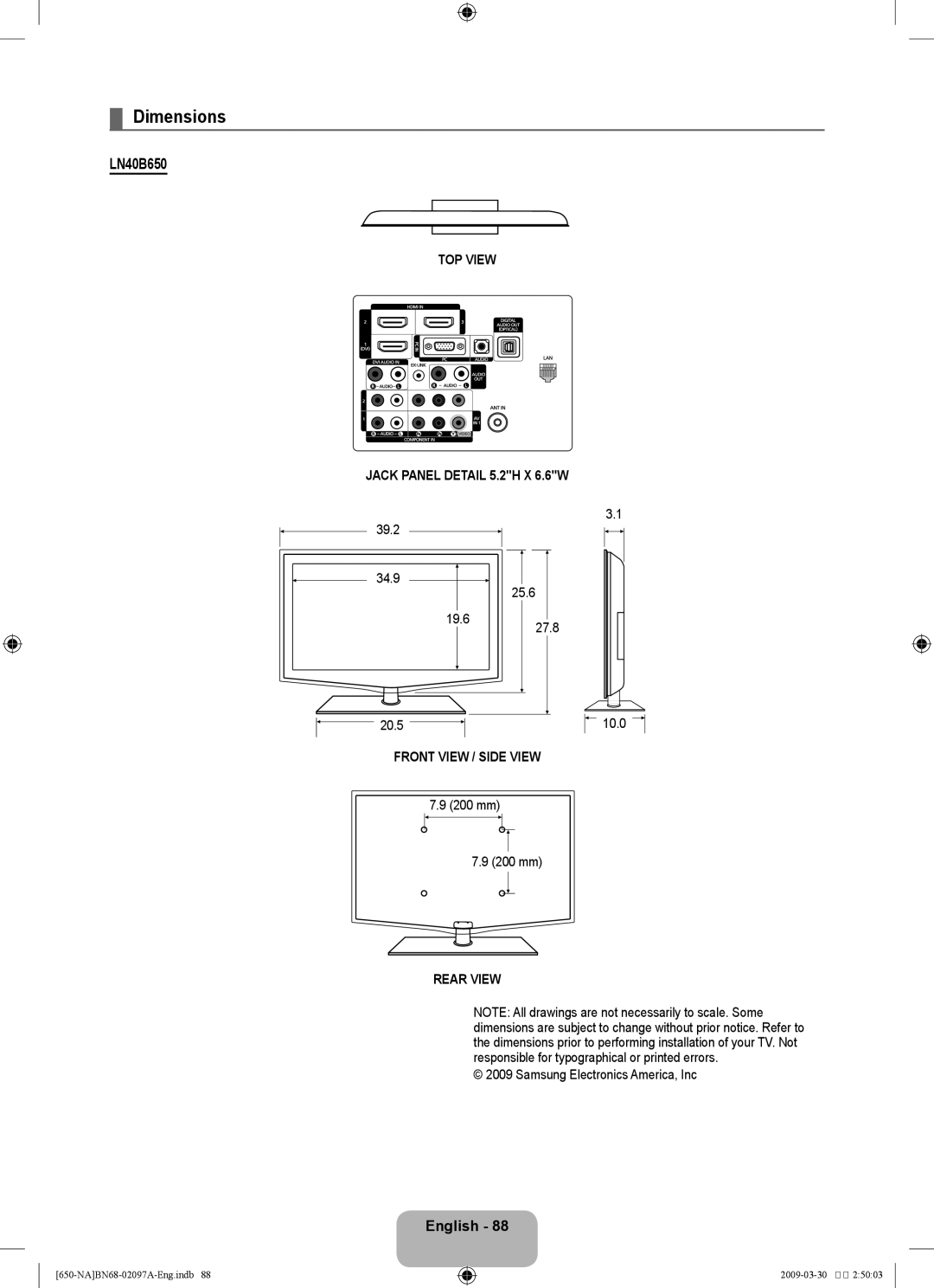 Samsung LN40B60, LN46B60 user manual Dimensions, LN40B650, 39.2 34.9 25.6 19.6 10.0 20.5, 200 mm 