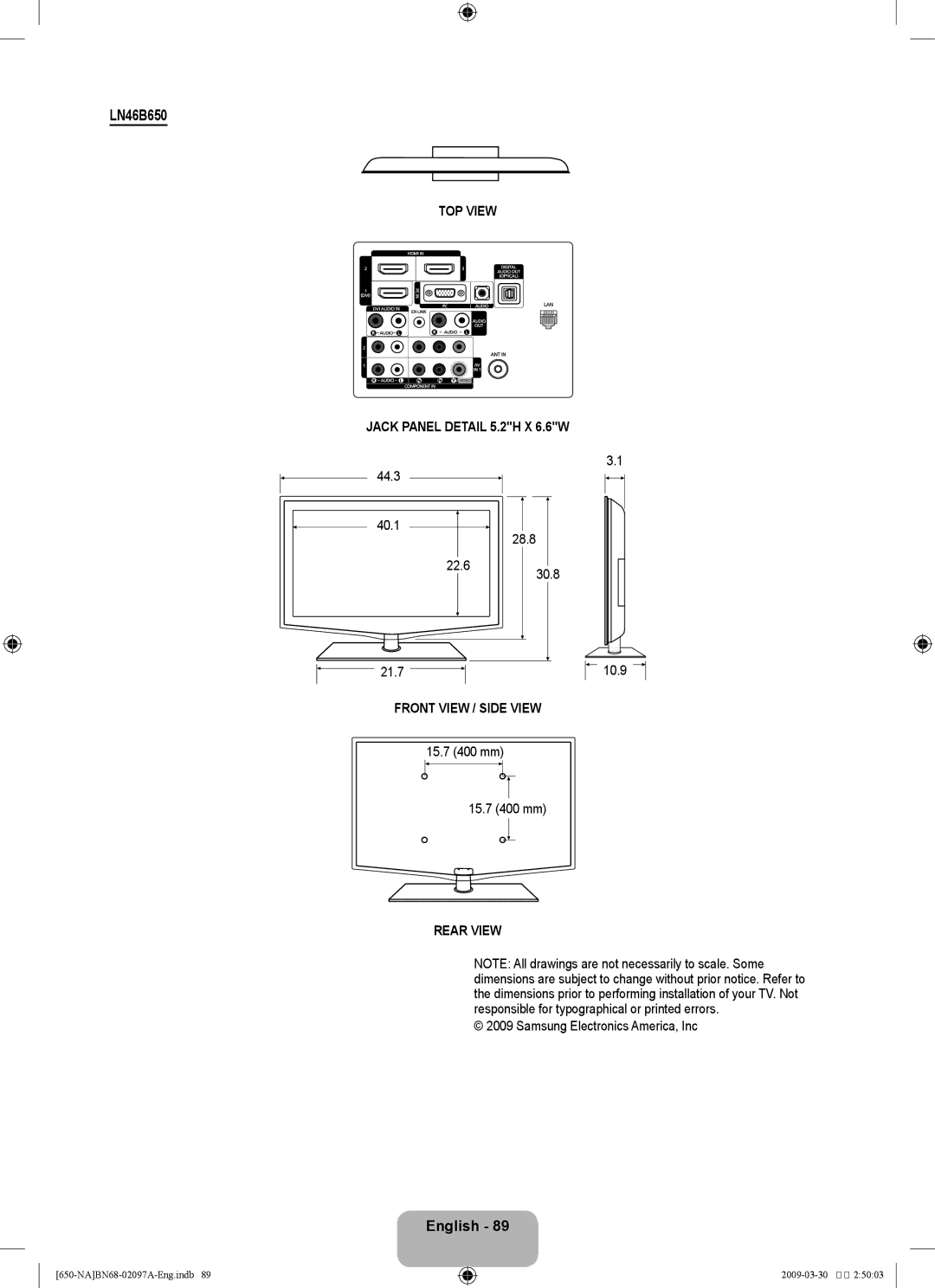 Samsung LN46B60, LN40B60 user manual LN46B650, 44.3 40.1 28.8 22.6 10.9 21.7, 15.7 400 mm 