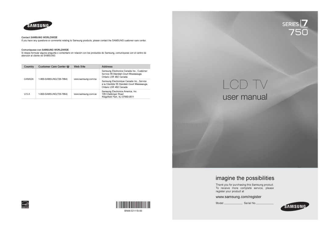 Samsung LN46B750, LN40B750 user manual Country Customer Care Center Web Site Address, Contact Samsung Worldwide 