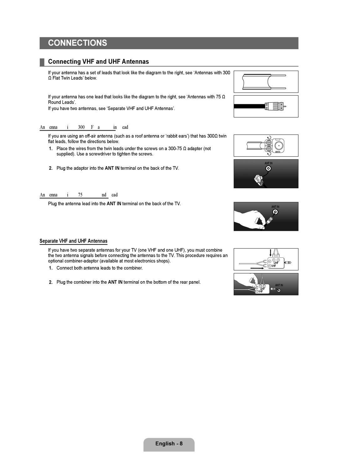 Samsung LN40B750, LN46B750 user manual Connections, Connecting VHF and UHF Antennas, Antennas with 300 Ω Flat Twin Leads 