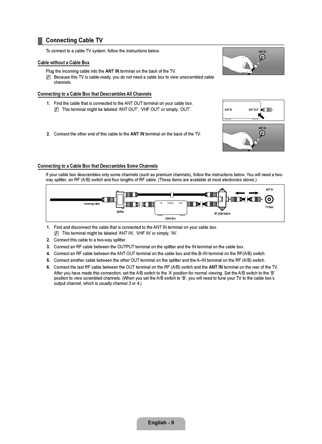 Samsung LN46B750 Connecting Cable TV, Cable without a Cable Box, Connecting to a Cable Box that Descrambles All Channels 