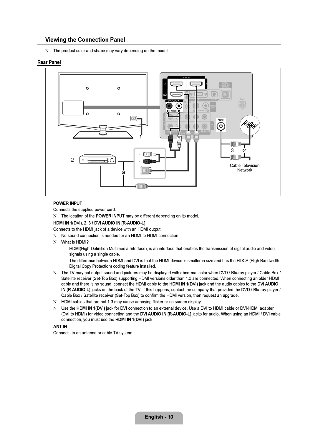 Samsung LN40B750 Viewing the Connection Panel, Rear Panel, Product color and shape may vary depending on the model 