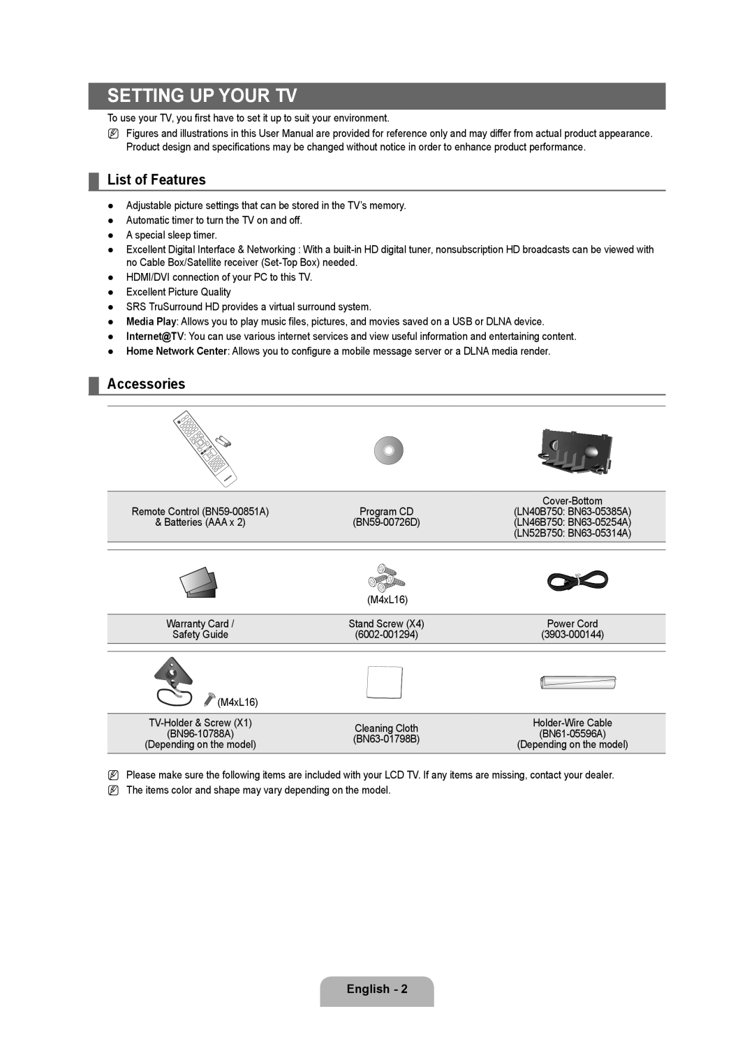 Samsung LN40B750, LN46B750 user manual Setting up Your TV, List of Features, Accessories, 6002-001294 3903-000144 M4xL16 