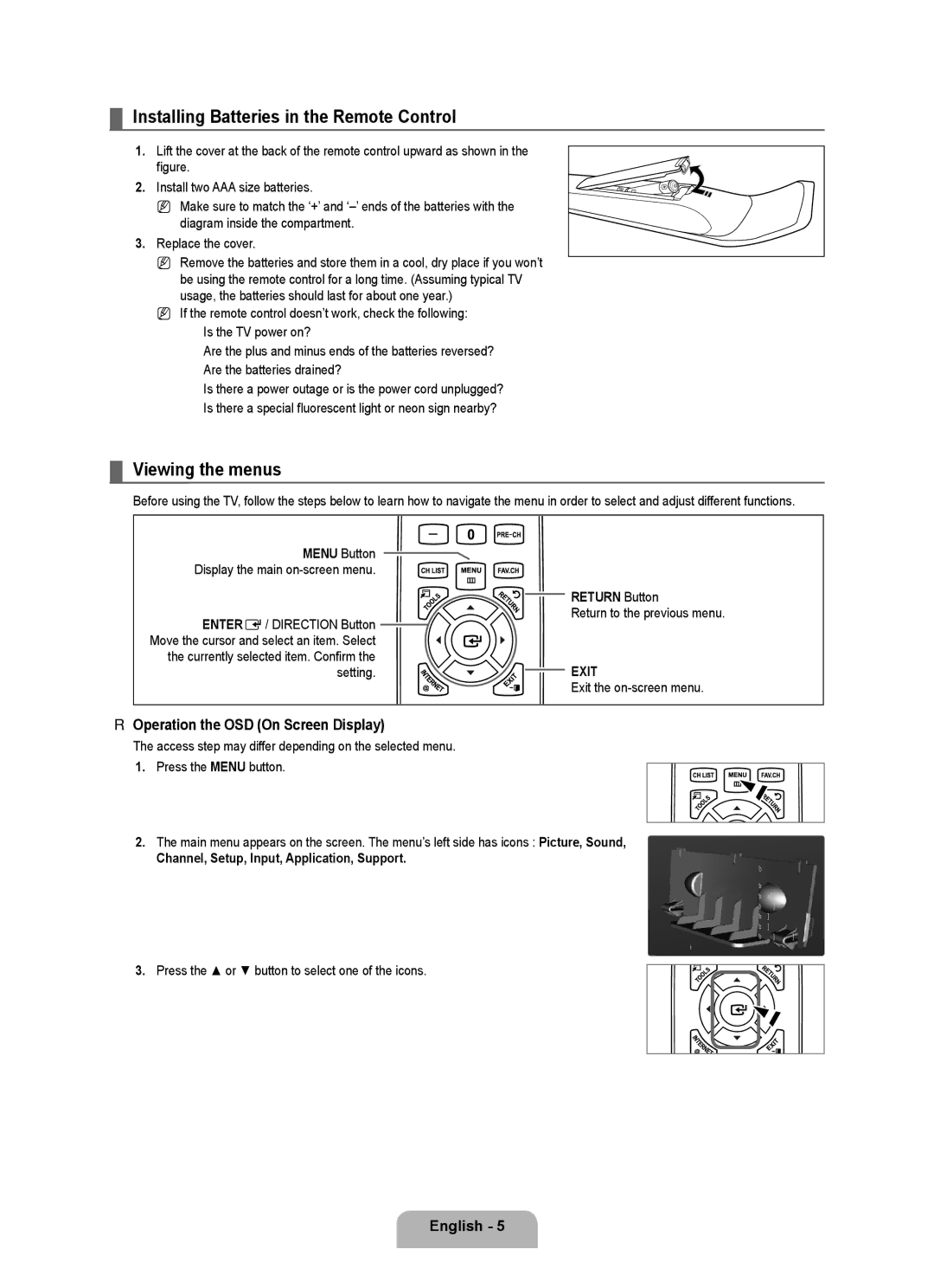 Samsung LN46B750 Installing Batteries in the Remote Control, Viewing the menus, Operation the OSD On Screen Display 