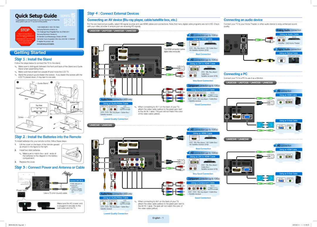 Samsung LN40C530 setup guide Install the Stand, Connect External Devices, Connect Power and Antenna or Cable 