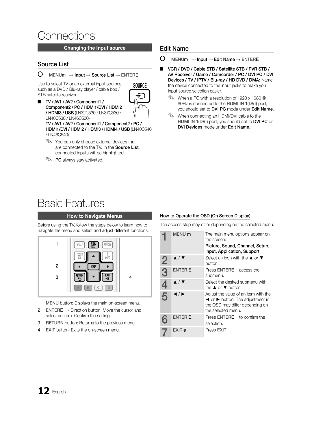 Samsung LN40C540 user manual Basic Features, Source List, Edit Name, Changing the Input source, How to Navigate Menus 