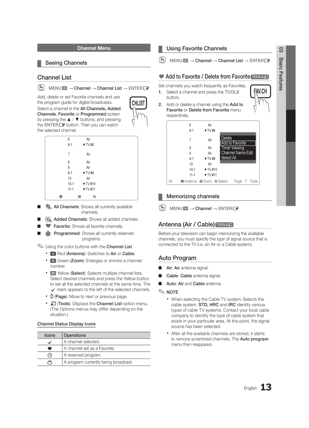 Samsung LN40C540 user manual Channel List, Add to Favorite / Delete from Favoritet, Antenna Air / Cablet, Auto Program 