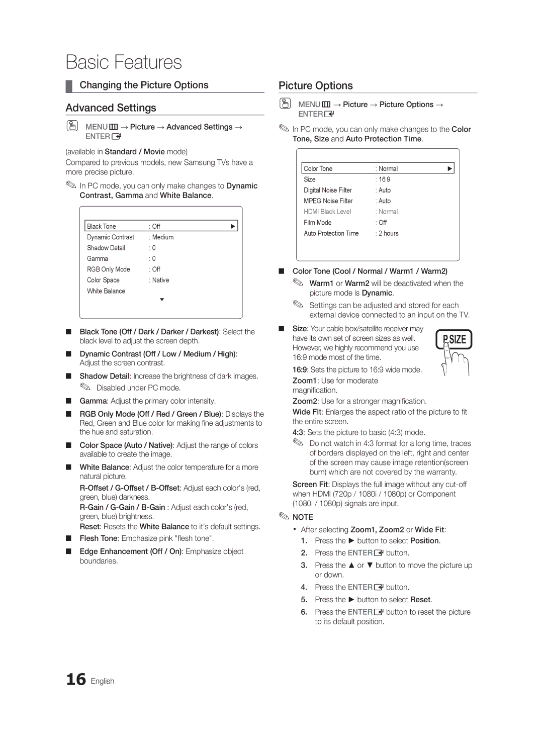 Samsung LN40C540 user manual Changing the Picture Options, OO MENUm→ Picture → Advanced Settings → 