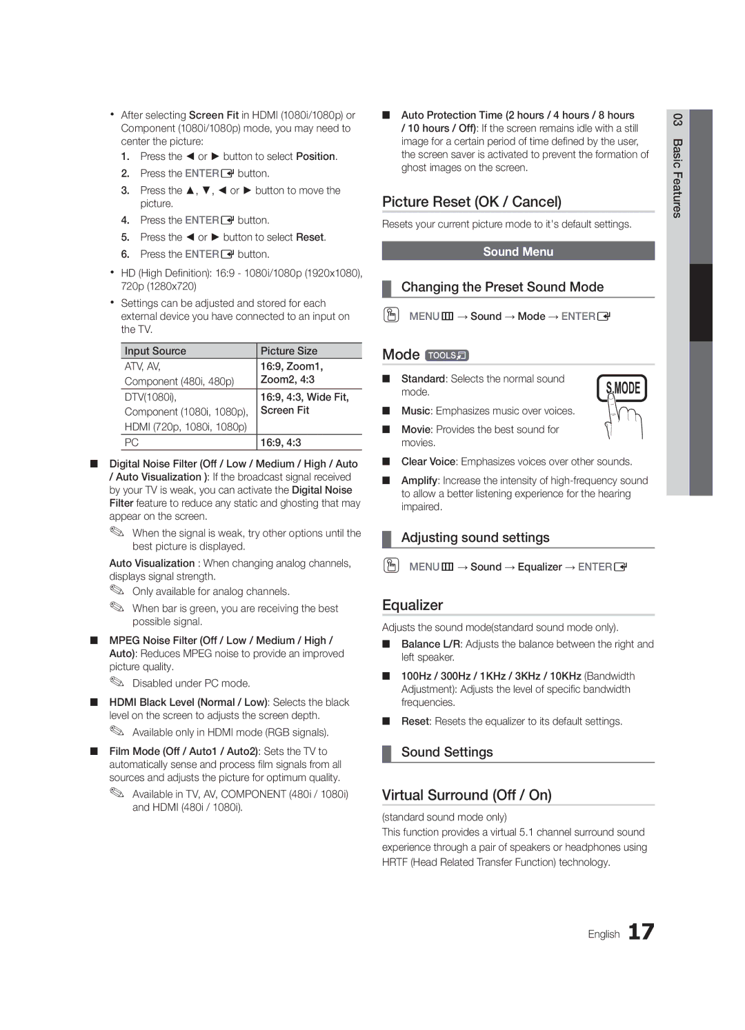 Samsung LN40C540 user manual Picture Reset OK / Cancel, Mode t, Equalizer, Virtual Surround Off / On 