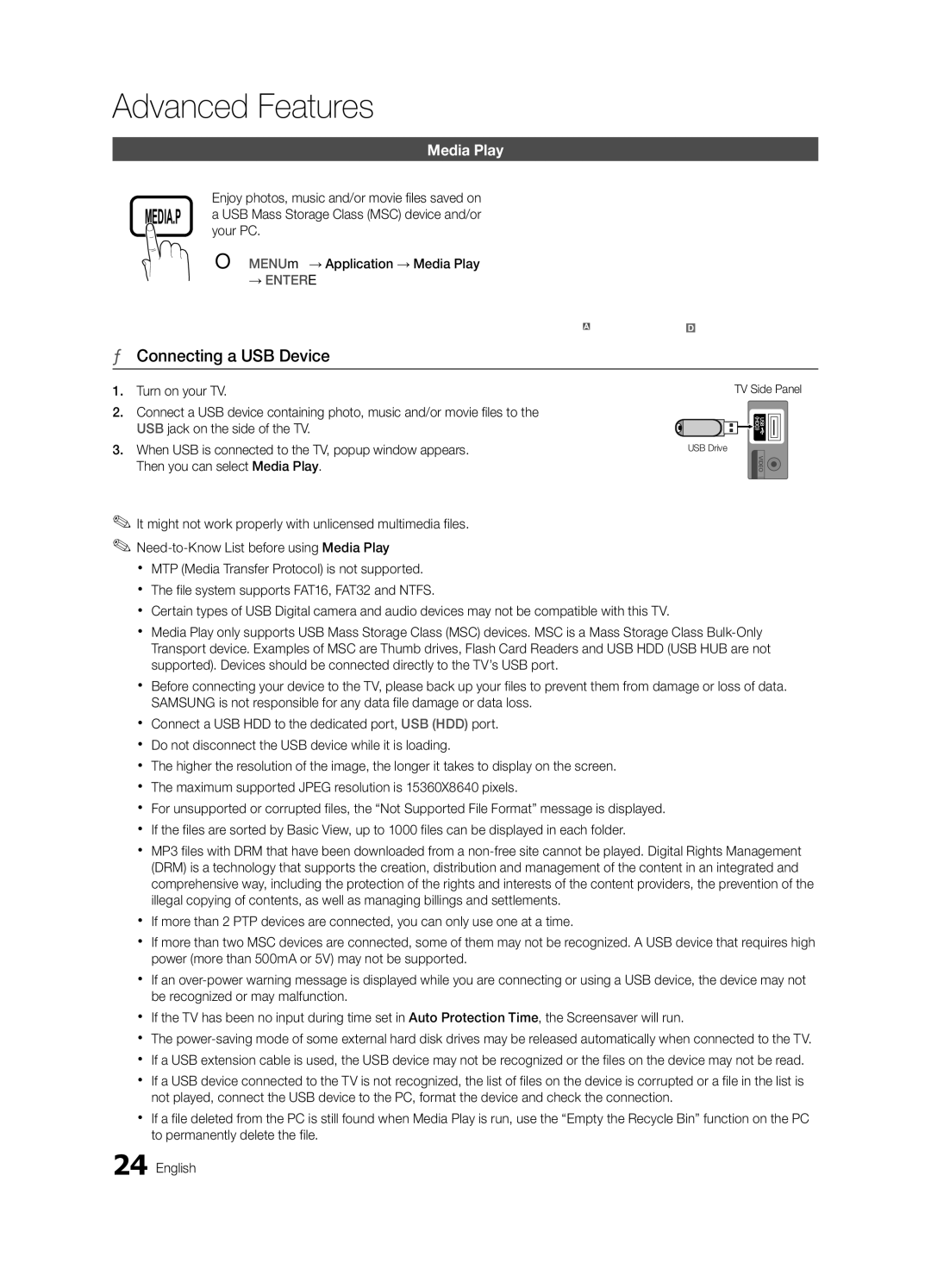 Samsung LN40C540 user manual Advanced Features, Connecting a USB Device, Media Play 