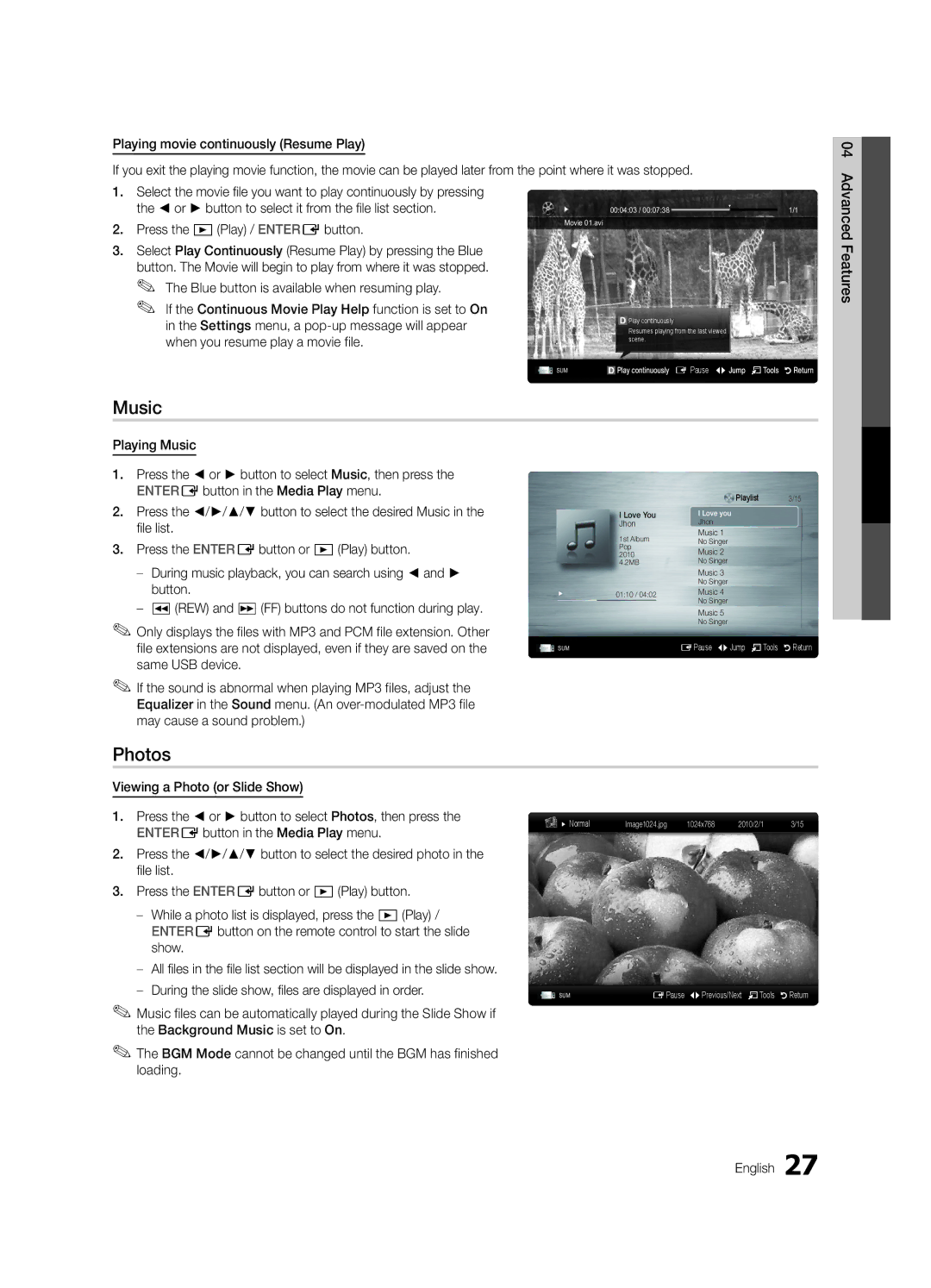 Samsung LN40C540 user manual Music, Photos 