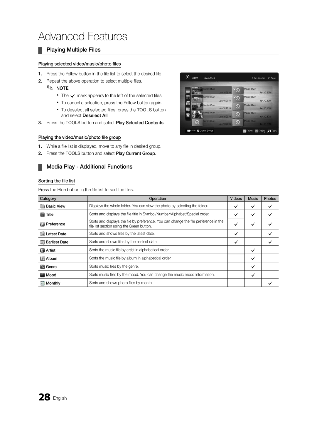 Samsung LN40C540 Playing Multiple Files, Media Play Additional Functions, Monthly Sorts and shows photo files by month 