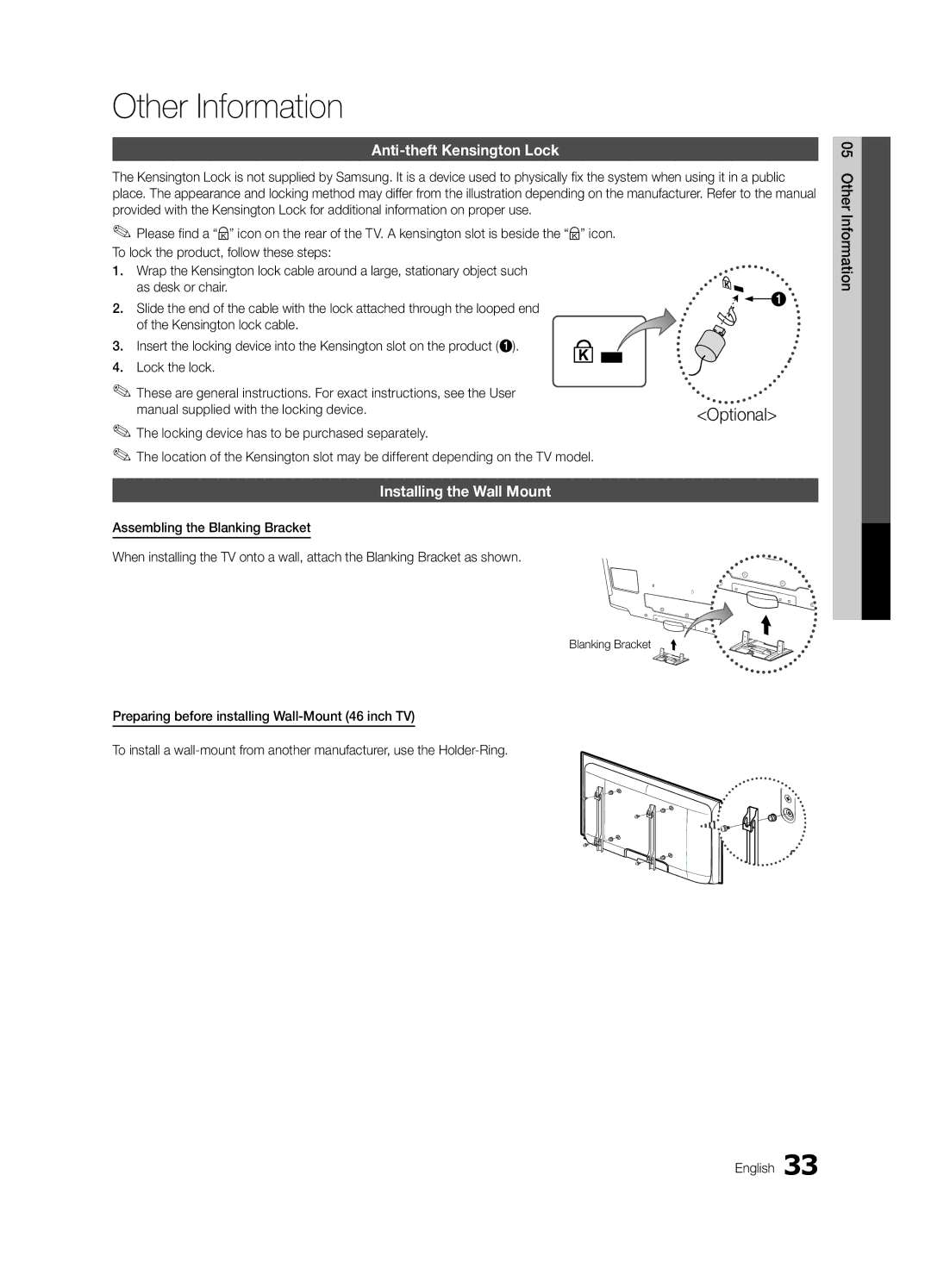 Samsung LN40C540 user manual Other Information, Anti-theft Kensington Lock, Installing the Wall Mount, Blanking Bracket 