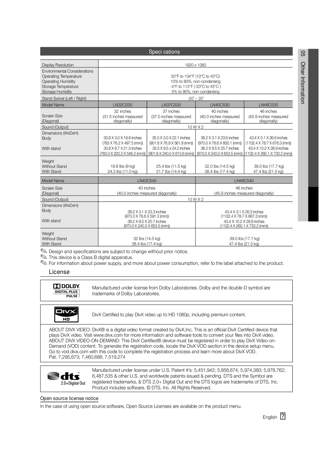 Samsung LN40C540 user manual License, Specifications 