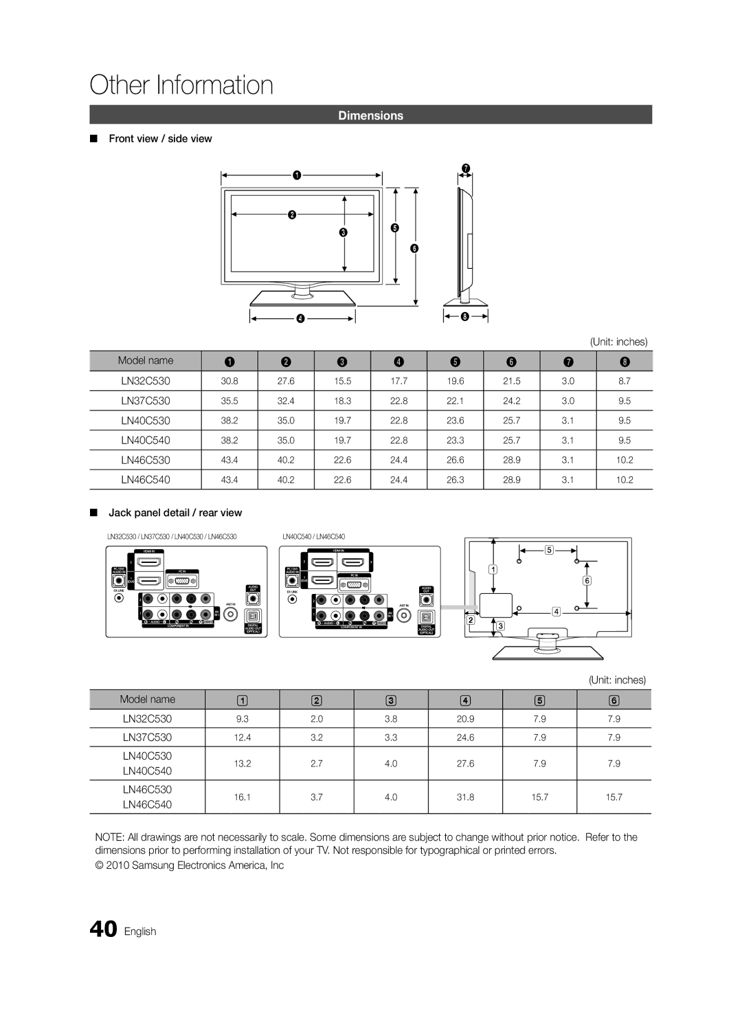 Samsung LN40C540 user manual Dimensions 